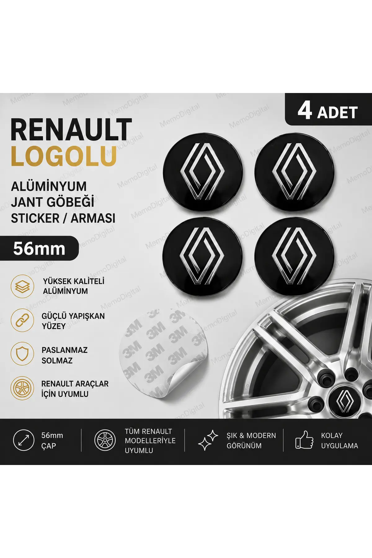 Renault Logolu Alüminyum Jant Göbeği Arması Sticker 56mm - 4 Adet