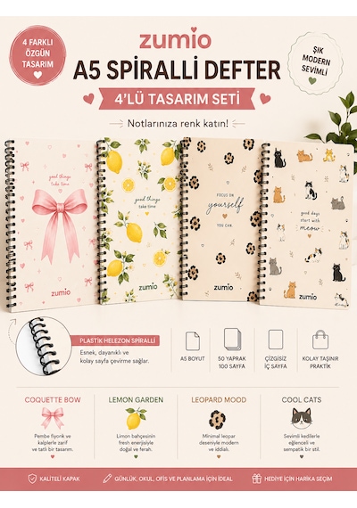 A5 Spiralli Çizgisiz Defter 4'lü Set 50 Yaprak Renkli Tasarımlı Okul Ve Not Defteri Düz