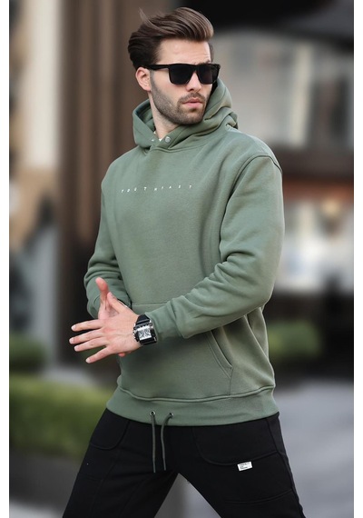 Madmext Haki Kapüşonlu Baskılı Erkek Sweatshirt 7077 Haki