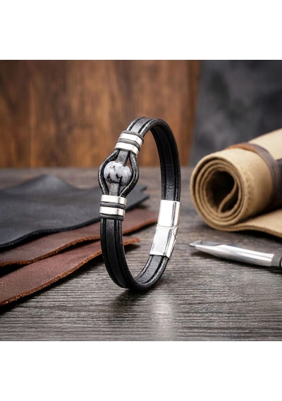 Moncuk Design Snowy Obsidian Rondela Doğaltaş Ve Deri Çelik Bileklik 33512b14d8 Siyah