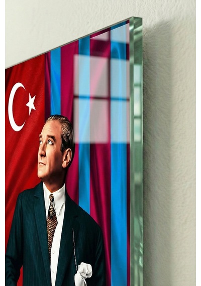Kırılmaz Cam Tablo 5mm Kalın - Ev İşyeri Duvar Dekorasyonu Atatürk Bordo Mavi Takım - Mustafa Kemal Portre Şık Klasik Salon Yatak Odası Temperli Uv Baskılı Hediyelik