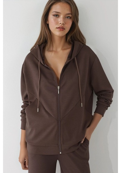 Hiccup Modal Touch Fermuarlı Kapşonlu Sweatshirt Kahve Kahvesi
