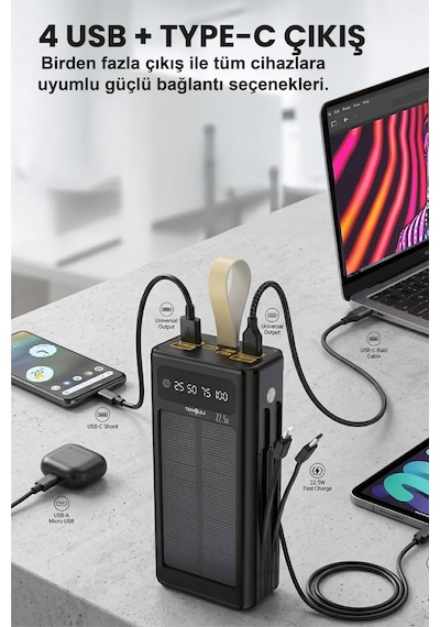 30.000 Mah Powerbank Güneş Enerjili Solar Hızlı Şarj Göstergeli El Fenerli Taşınabilir Batarya 22.5w Siyah