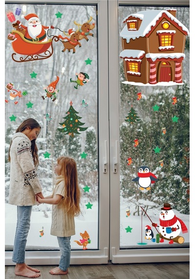 Yılbaşı Sticker Noel Baba Geyikler Kardan Adam Penguenler Ve Yılbaşı Süsleri