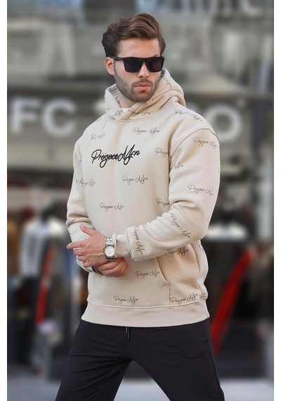 Madmext Bej Baskılı Kapşonlu Cep Detaylı Erkek Sweatshirt 7075 Bej
