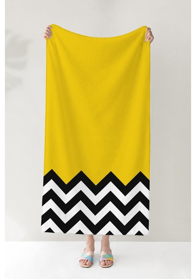 Sarı Zigzag Desenli Modern Plaj Havlusu - Geometrik Siyah Beyaz Minimalist Hızlı Kuruyan Plaj Örtüsü Kül Mercan