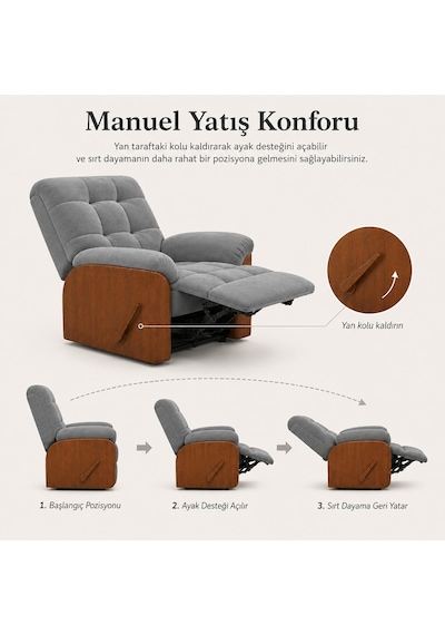 Smarto Relax Ticino Manuel Mekanizmalı Ayak Uzatmalı Ahşap Yan Panelli Polyester Tv Koltuğu Baba Koltuğu Gri