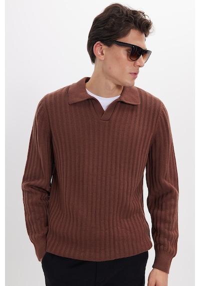 Tudors Erkek Standart Fit Normal Kesim Polo Yaka Kahverengi Kazak-46287