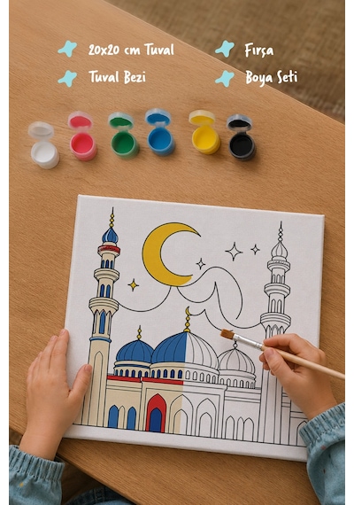 Hilal Ve Mavi Kubbeli Cami Şövalesiz Boya Seti 20x20