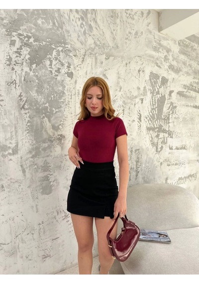 Soonaksesuar Kısa Kol Badi Bluz - Bordo Bordo