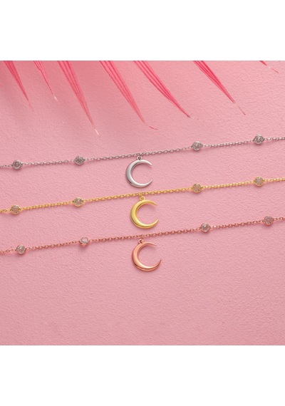 Queen Silver Jewelry 925 Ayar Gümüş Hilal Obje Zirkon Taş Sallantılı Bileklikdfc Altın