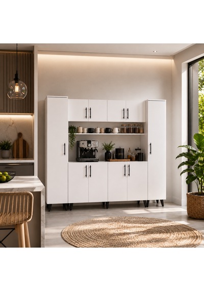 Mantra 190 Cm Sağ Sol Dolaplı Kahve Köşesi Çok Amaçlı Dolap Kiler Mutfak Dolabı Beyaz