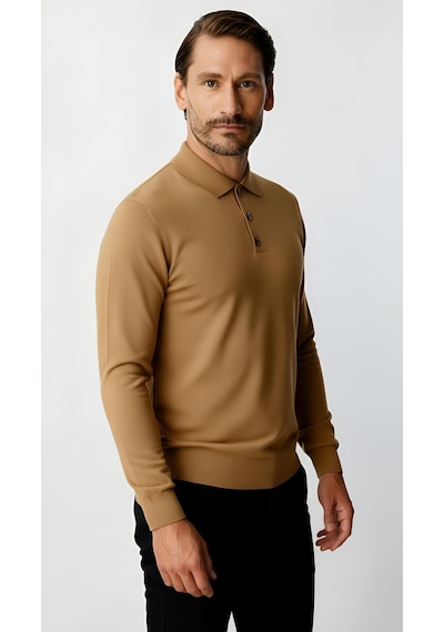 İgs Bej Standart Fit Dar Kalıp Polo Yaka Düz Uzun Kollu Triko-21901 Bej