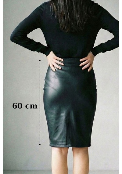 Sermoda Kalem Deri Etek - Bel Lastikli Slim Fit Midi Kalem Etek Ud Siyah