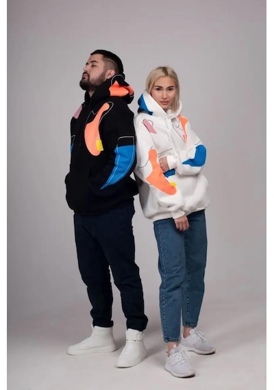Baskılı Kapüşonlu Çiftler İçin Sweat - Beyaz Renk-390 Beyaz