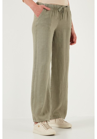 Lela Relaxed Fit Normal Bel Geniş Paça Çift Cepli Keten Bayan Pantolon 668Yp4991 Haki