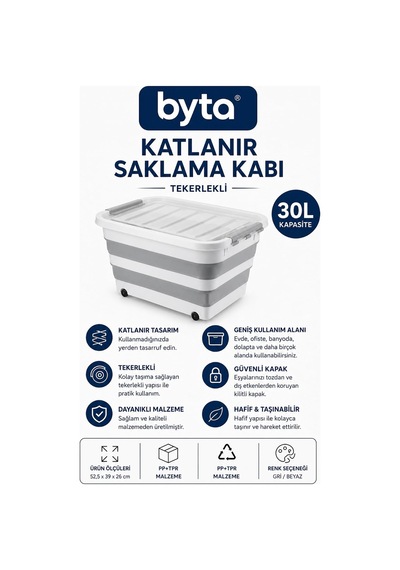 Tekerlekli Katlanır Saklama Kutusu, 30 L, Klipsli Kapak, Gri Ve Beyaz, 52,5 39 26 Cm Diğer