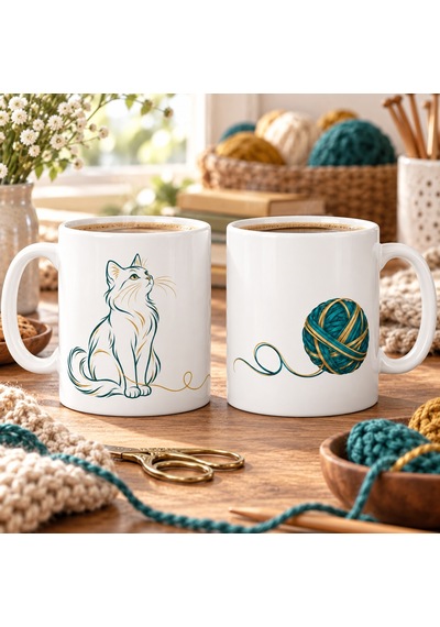 Bezos Kedi Ve Yumak 2'li Porselen Kupa Seti - Model 366 Bezos1 Diğer