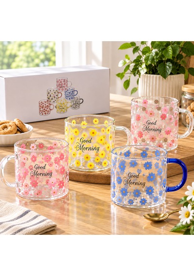 Çemi 6 Adet Borosilikat Cam Kupa 'good Morning' Yazılı Papatya Desenli Isıya Dayanıklı Cam Kahve & Çay Kupası Seti Şeffaf