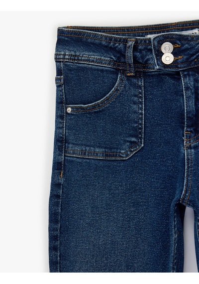 Koton Düğme Detaylı Düşük Bel Pamuklu İspanyol Paça Denim Pantolon - Flare Jeans Koyu İndigo 6sal40263md Indigo