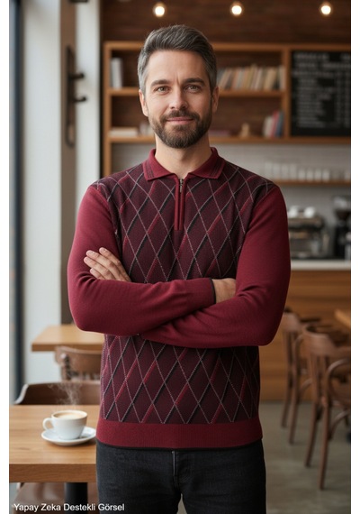 Kamalı Erkek Bordo Tüylenme Yapmayan Anti Pilling Kumaş Standart Fit Normal Kesim Polo Yaka Triko Kazak