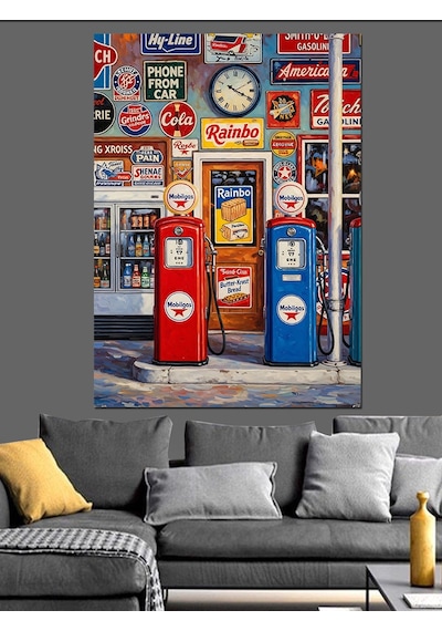 Ahşap Tablo Retro Benzin İstasyonu Pompası