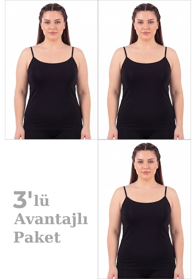 Arma Yıldız Kadın Büyük Beden İp Askılı Atlet Pamuklu Likralı Yumuşak Esnek Kumaş 3'lü Paket SIYAH