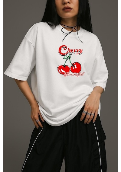 Cherry Sweat Gil Oversize Tişört BEYAZ