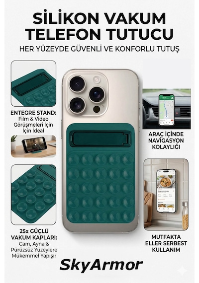 Standlı Silikon Telefon Tutucu Aynaya Ve Cama Yapışan Vantuzlu Selfie Standı Sky165 Haki