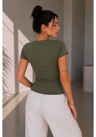 Bb Butik Basic Soft Touch Kare Yaka Body Tulum Astarlı Md3535 Haki