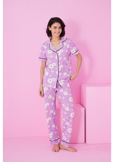 Siyah İnci Love Kalp Desenli Kısa Kollu Düğmeli Biyeli Pijama Takım7854 Lila Beyaz Çiçek