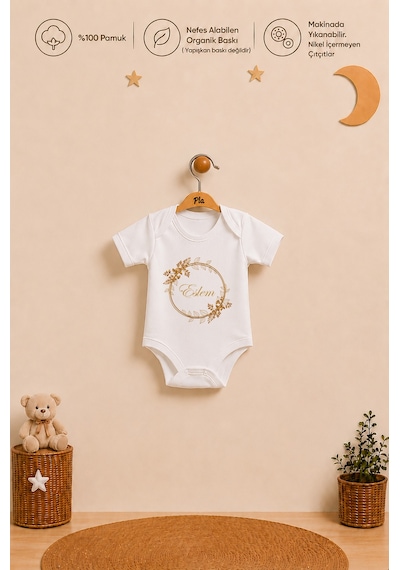 Pia Baby İsme Özel Kız Bebek Hediyesi 2'li %100 Pamuk Organik Baskılı Çıtçıtlı Body Zıbın Ve Ham Bez Kıyafet Kesesi 1054b2k2x Ekru