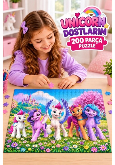 200 Parça Unicorn Dostlarım Puzzle Çocuklar İçin Rengârenk Tek Boynuzlu At Temalı Yapboz