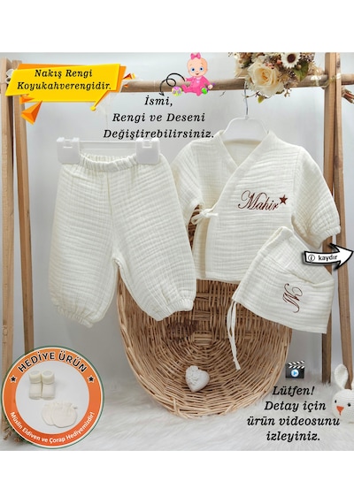 Gros Shop Yeni Doğan Müslin 3'li Kimono Bağcıklı Tulum %100 Pamuk Organik Kişiye Özgü İsimli Nakış Desenli Ekru-2