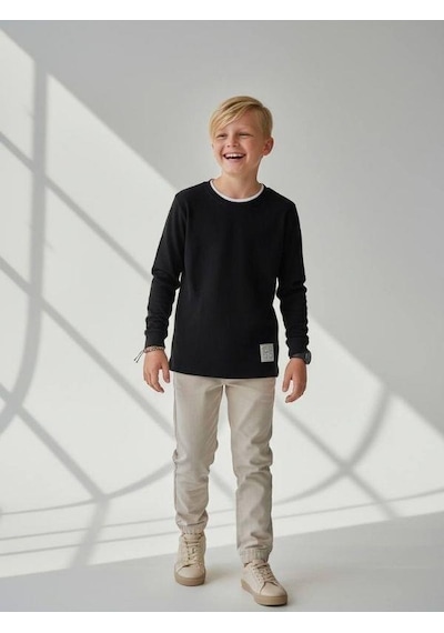 Zekids Erkek Çocuk Pamuklu Dokulu Kumaş İnce Uzun Kollu Sweatshirt-16630 Siyah