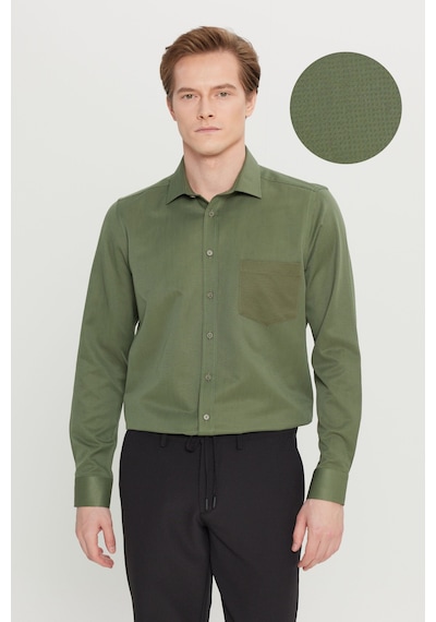 AC&Co / Altınyıldız Classics Erkek Hakı Pamuklu Tailored Slim Fit Dar Kesim Klasik Yaka Armürlü Cepli Gömlek Haki