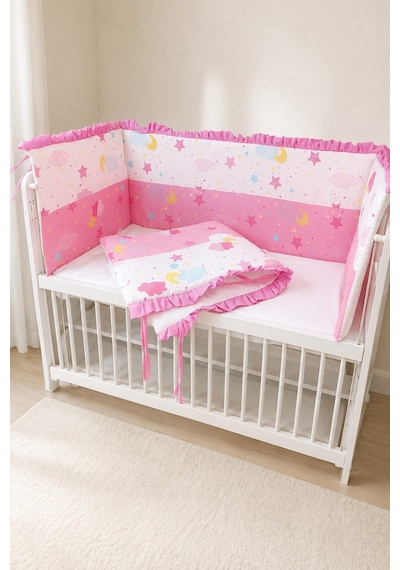 Baby Clime 70x130 Mobilya Beşik Kenar Koruyucu Seti - 4 Parça Rüya Serisi Pembe Fırfırlı
