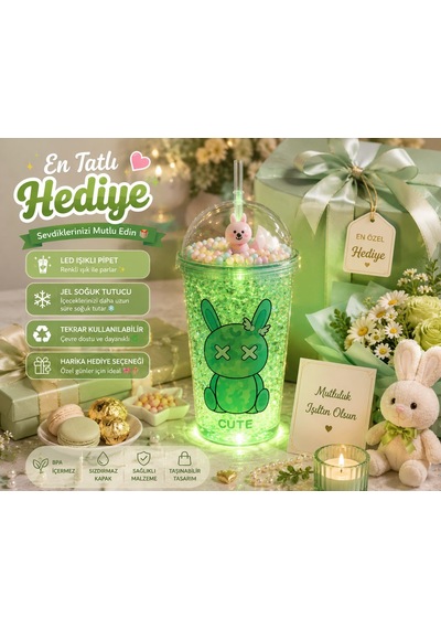 Çift Katlı İçecek Bardağı Led Işıklı Pipetli Kawaii Chibi Sevimli Tavşan Figürlü Suluk 450 Ml Yeşil