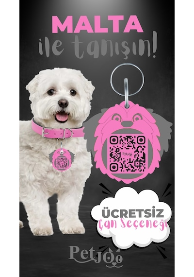Petjoo 12.Malta Gri-Pembe Qr'lı Köpek Künyesi