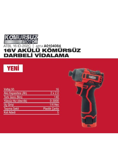 Attlas Darbeli Vidalama, Atbl 16ıd-202c, 16v Dc, Kömürsüz Motor, Li-ion 2.0 Ah Çift Akü, 2 Kademeli Hız, 10mm Anahtarsız Mandren, Led Aydınlatmalı