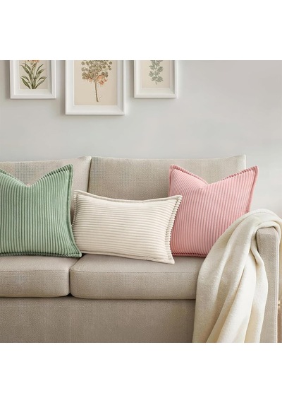 Kadife Yastık Kılıfları 45 X 45 Cm 2'li Set - Oturma Odası, Yatak İçin Geniş Kenarlıklı Çizgili Kırlent Kıl Diğer