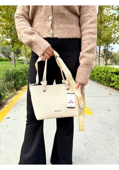 Just Polo Kadın Orijinal Just Polo Yumuşak Deri 4 Bölmeli Günlük Lüks El Ve Omuz Çantası Shoulder Bag Krem