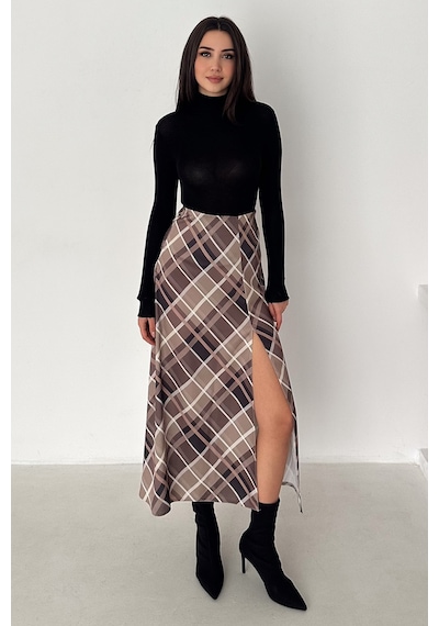 Kadın Yırtmaç Detaylı Ekose Uzun Etek Slit Plaid Kahverengi