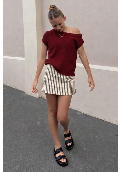 Bordo Salaş Fit Düşük Omuz Tişört Mg2814