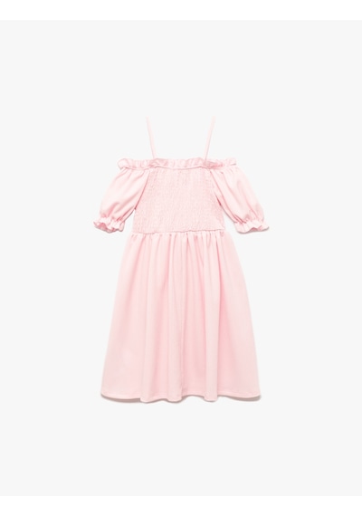 Koton Midi Boy Bürümcük Kısa Kollu Omzu Açık Gipeli Elbise Pembe 5skg80141ak Gül