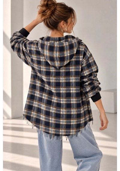 Bb Butik Basic Kapüşonlu Fermuarlı Oversize Ekose Oduncu Gömlek Ceket Kadın Rahat Mevsimlik Günlük Tr0935 Lacivert