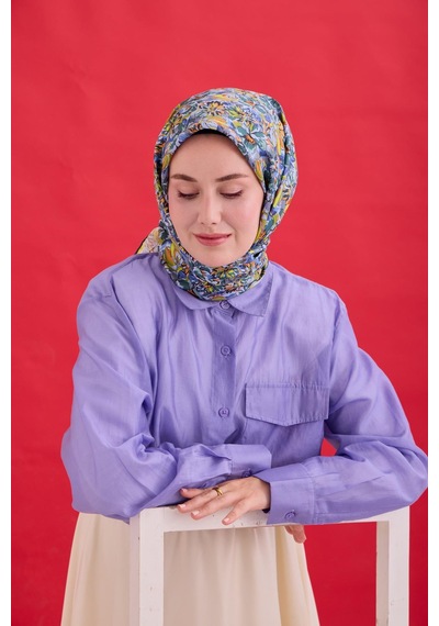 Silk Home Twill İpek Eşarp 11477-27 Mavi Gri, Fosfor Sarı, Soft Turuncu