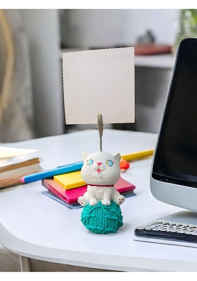 Turkuaz Yumaklı Kawaii Sevimli Kedi Fotoğraf Not Tutucu Turkuaz