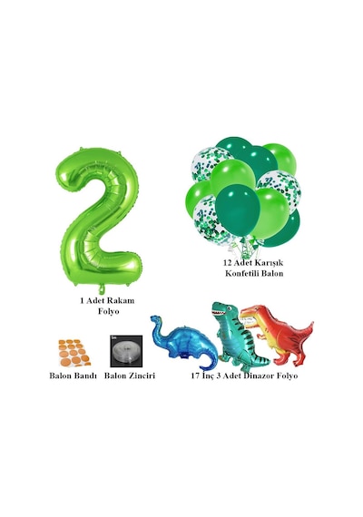 2 Yaş Dinazor Set Rakam Folyo, 3 Adet Mini Dinazor Ve 10 Lu Balon