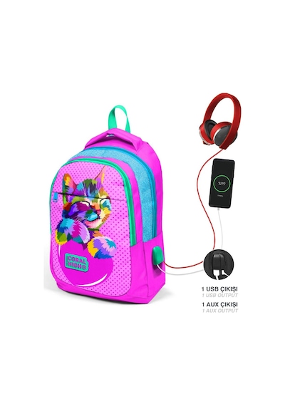 Coral High Kids Simli Kedi Desenli Üç Bölmeli USB Şarjlı Kulaklık Çıkışlı Okul Sırt Çantası 24301